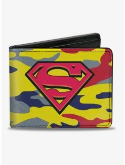 Coupon 🤩 DC Comics Superman Shield Camo Yellow Gray Blue Red Bi-fold Wallet 😍
